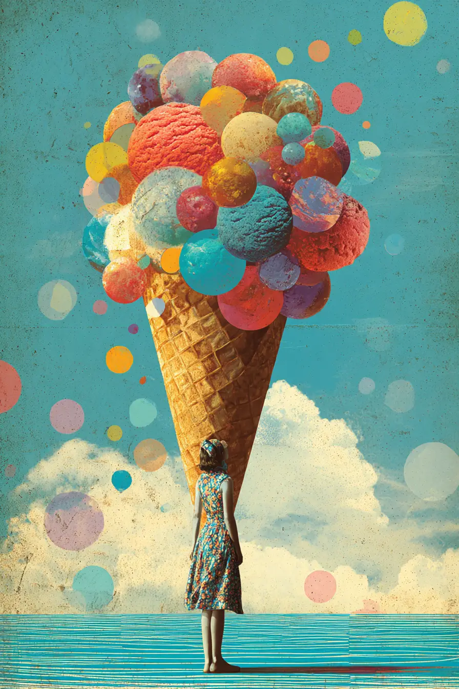 Colorful surreal ice cream poster with playful abstract background