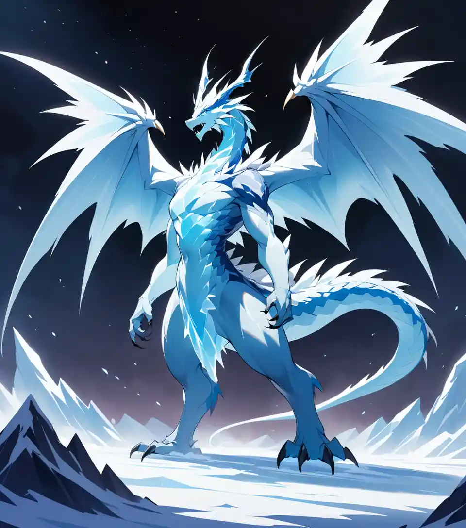 Ice dragon with vast wings under stormy night sky