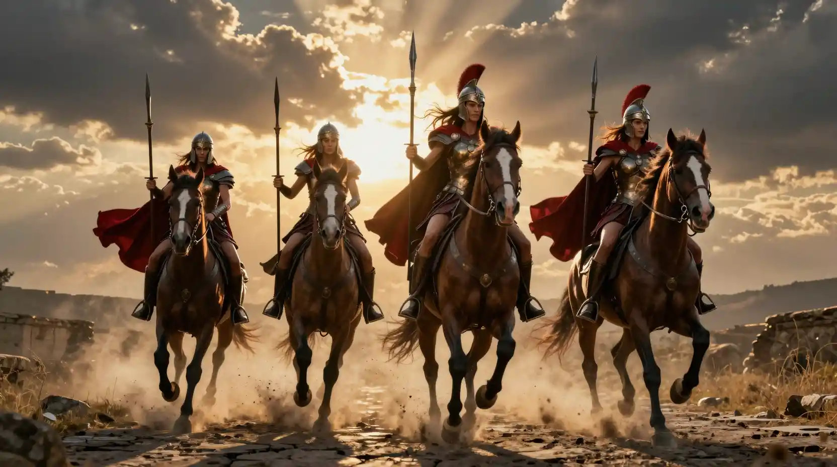 Four spartan warrior women charging on war horses at sunset
