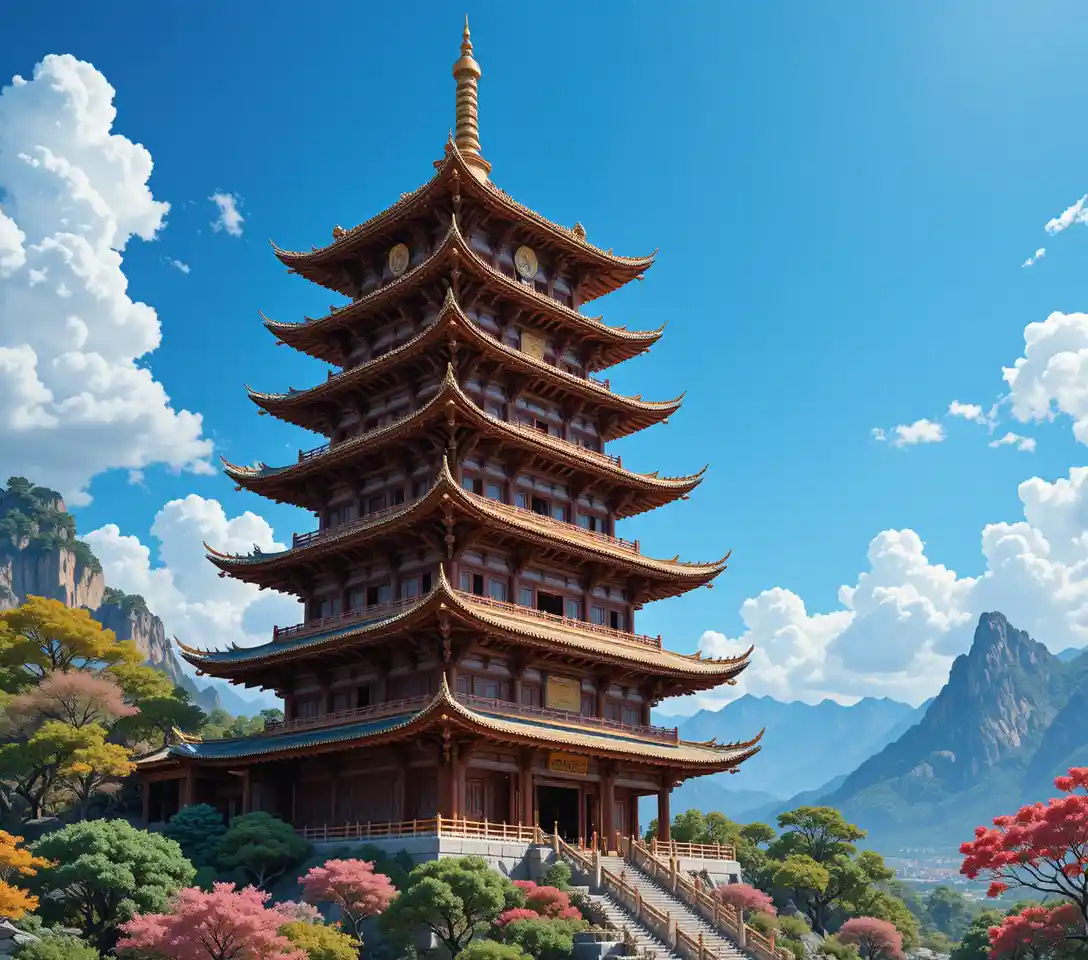 Majestic multi tier Chinese pagoda under deep blue sky
