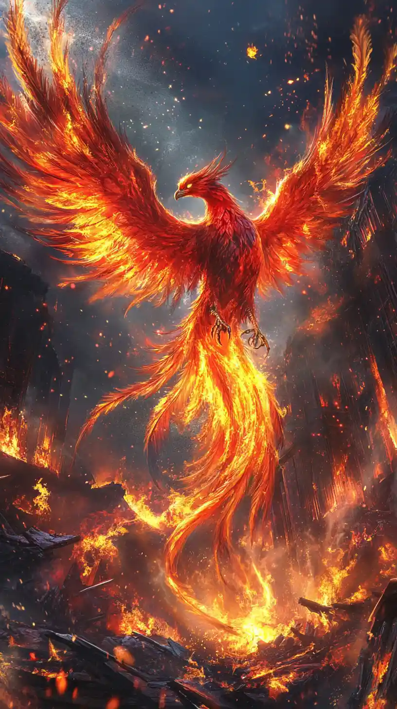 Fiery phoenix rising from the ruins of a burnt house