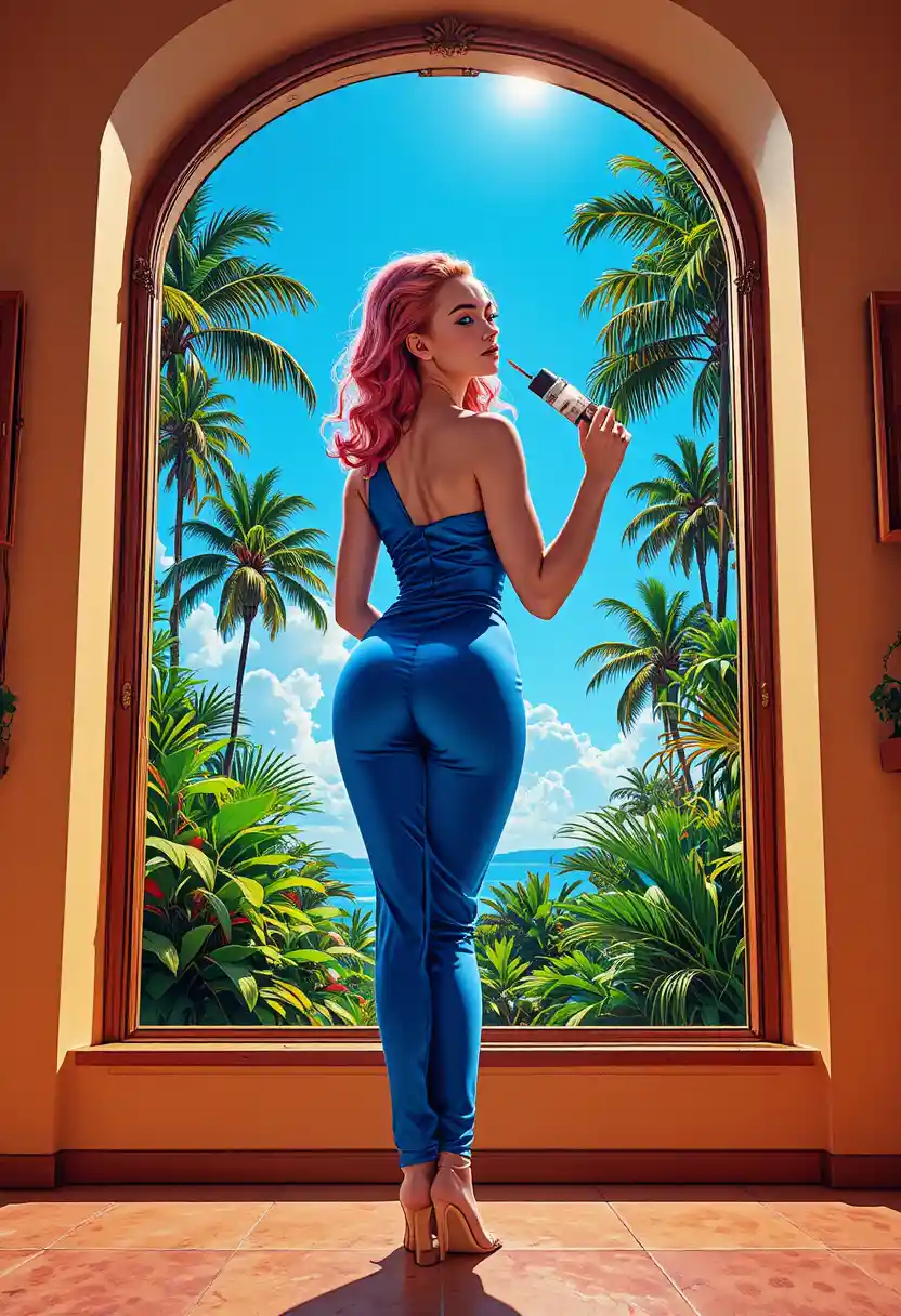 Pink haired woman in blue dress by sunny window