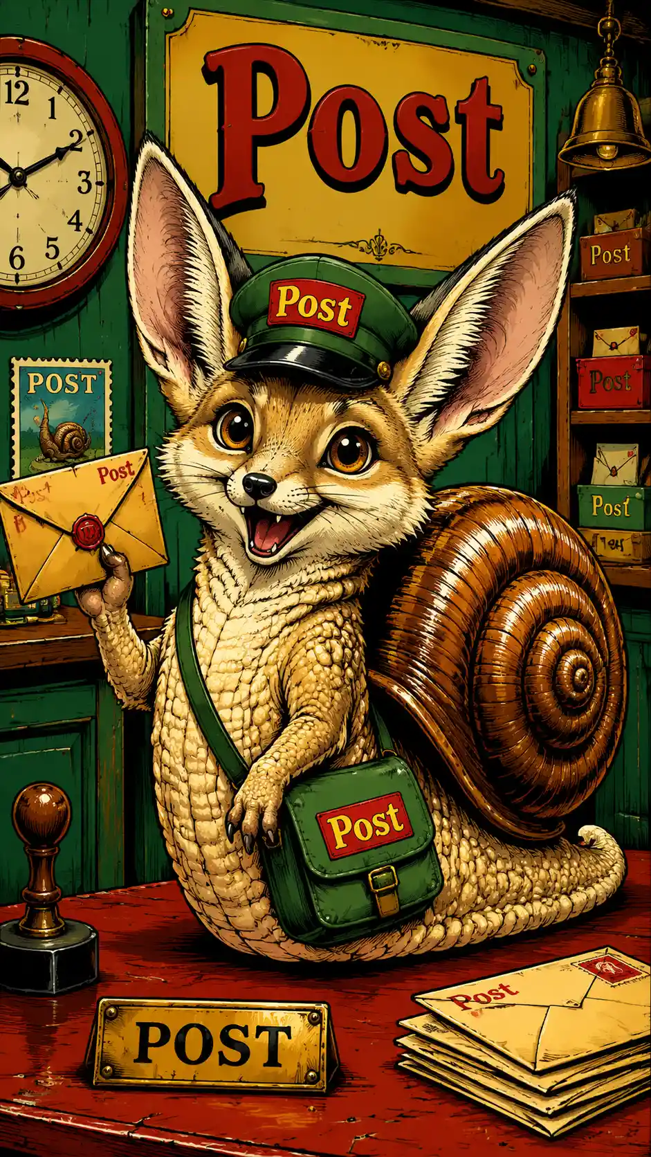 Anthropomorphic snail fox mail carrier in comic room scene