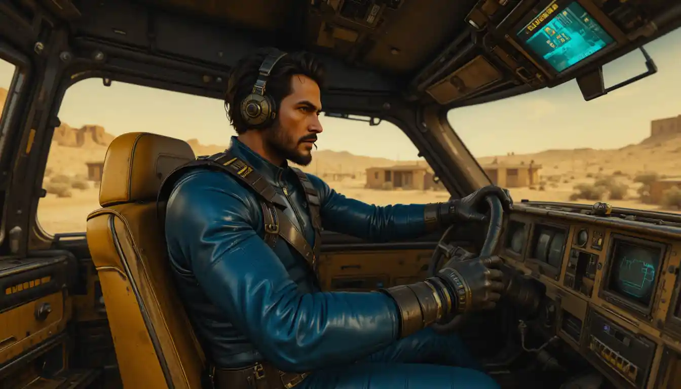 Muscular male driver in retro futuristic vehicle cockpit