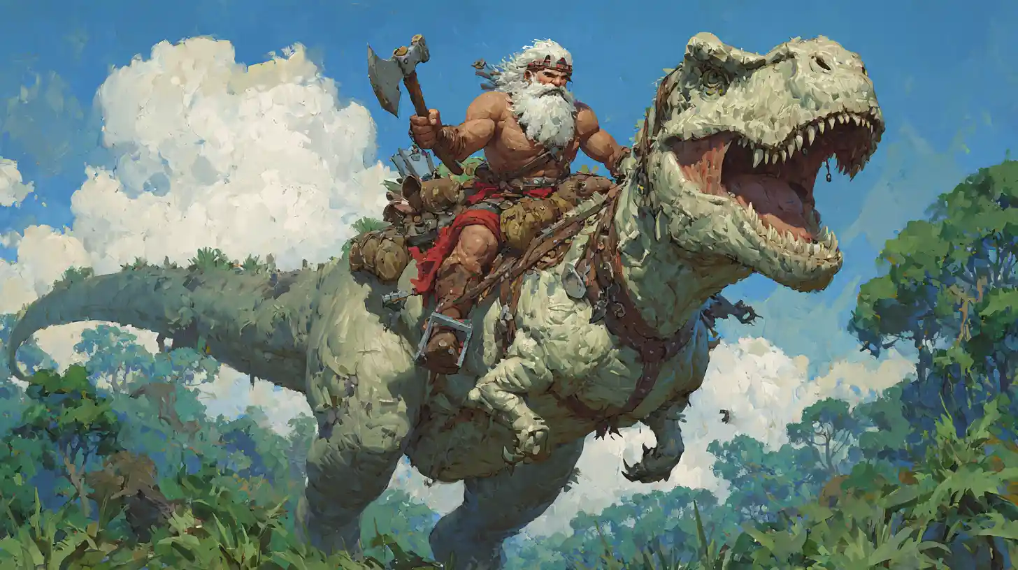 Old barbarian riding a giant dinosaur across forest plains