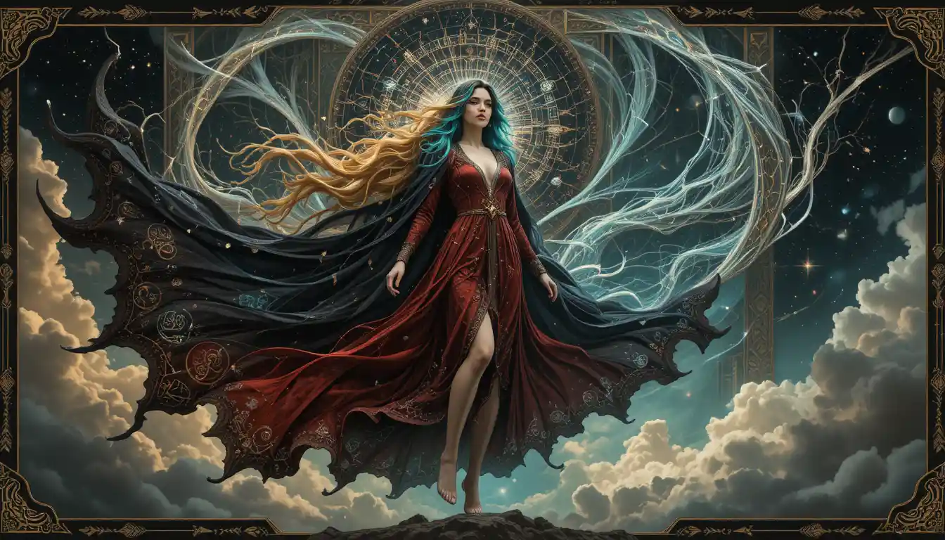 Abstract woman amid flowing geometric tiles and nature motifs