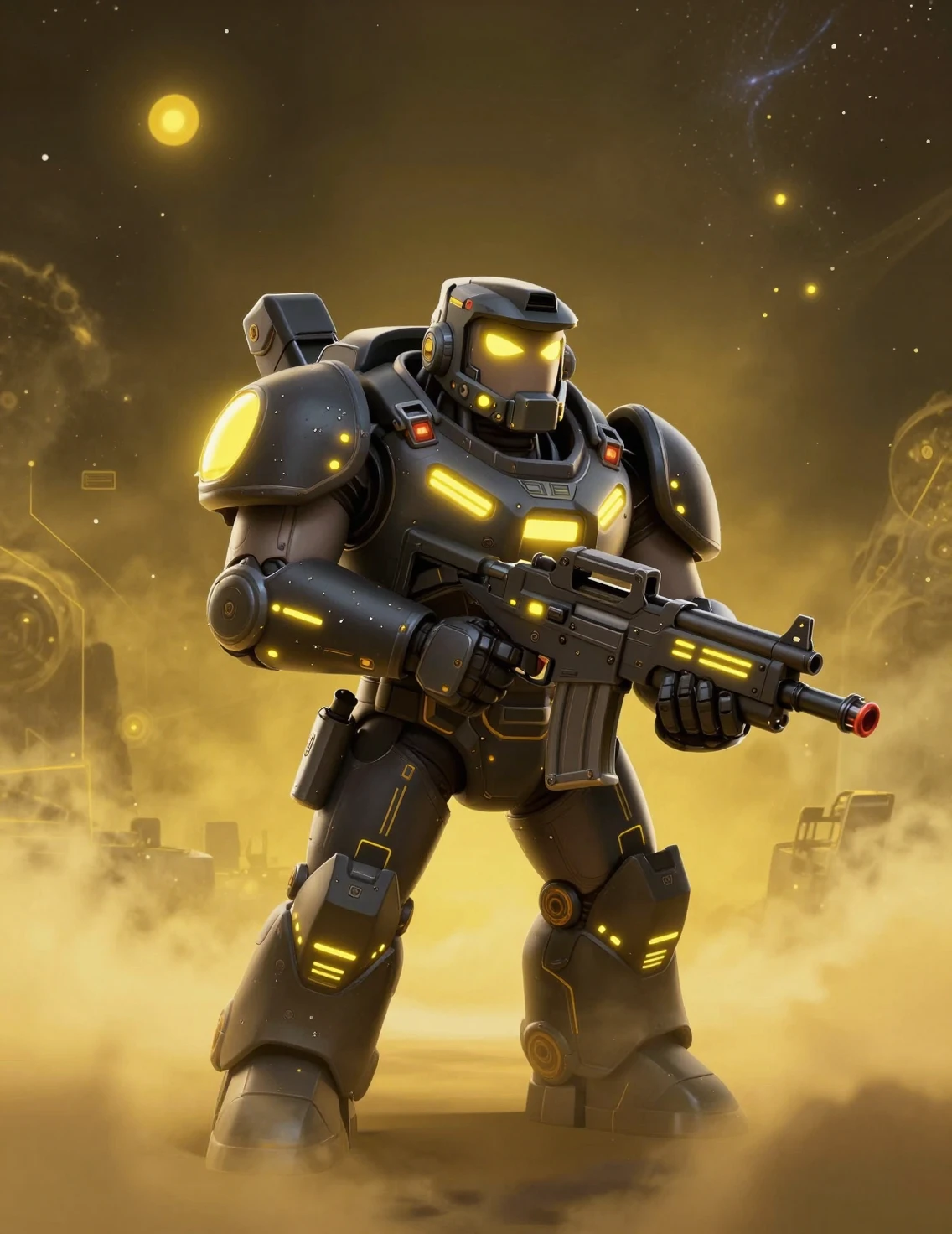 Soldado pesado acorazado estilo caricatura en espacio sci‑fi luminoso