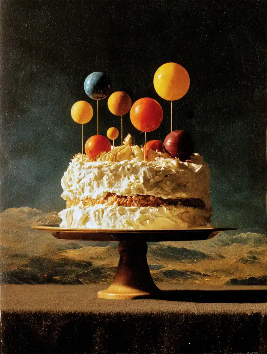 Surreal birthday cake in a moody vintage collage scene