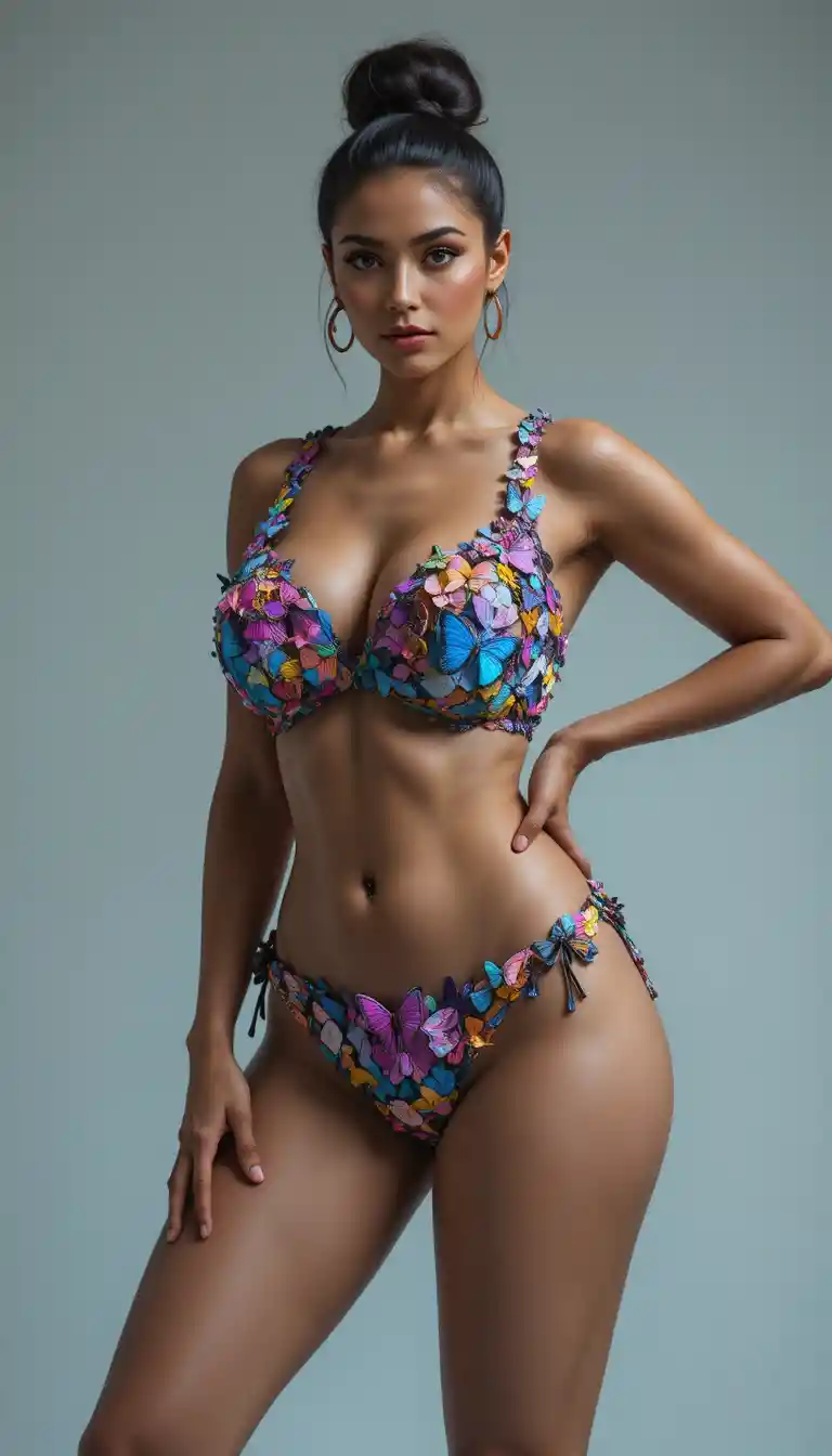 Confident woman in butterfly bikini fashion editorial portrait