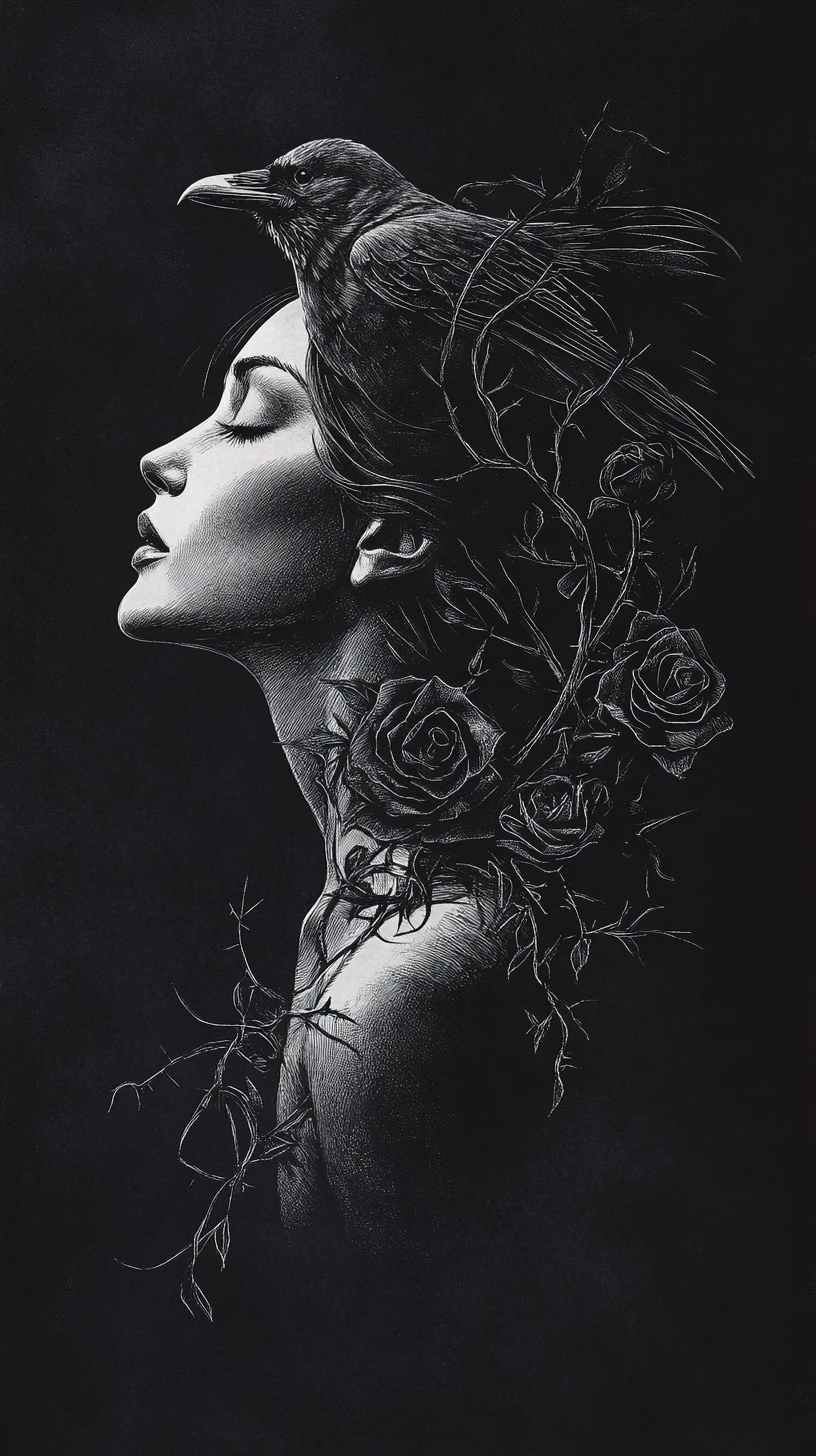 Dark feminine profile merging with raven and black roses