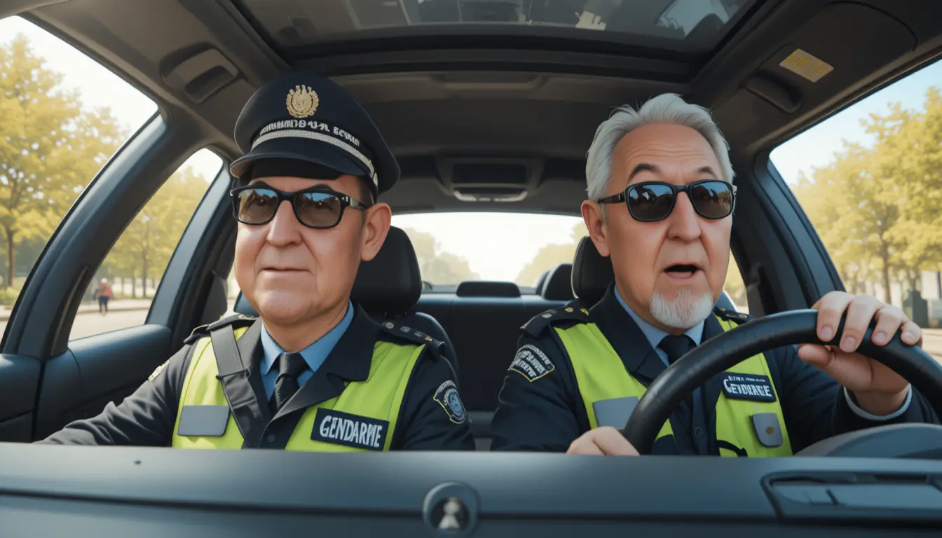 Two French gendarmes riding in a modern patrol vehicle