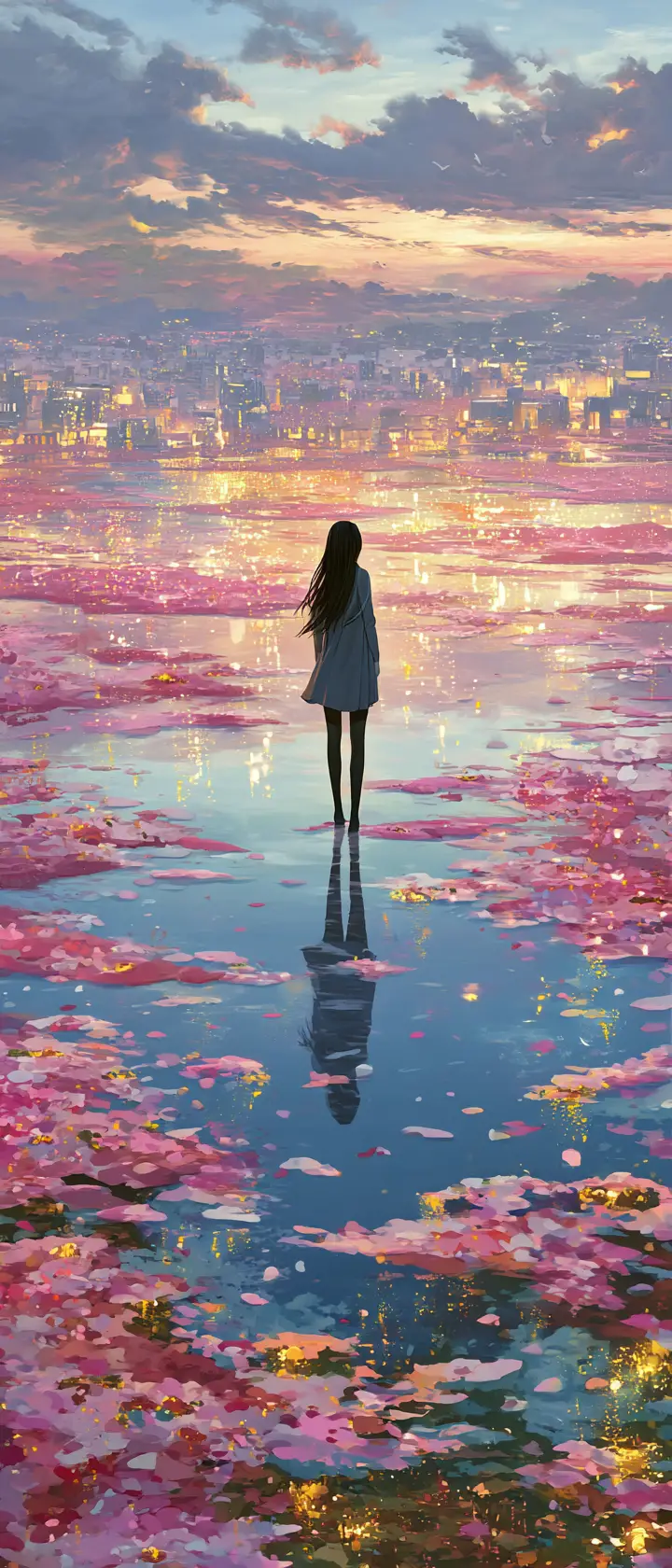 Anime girl in rain with tear turning into ink landscape