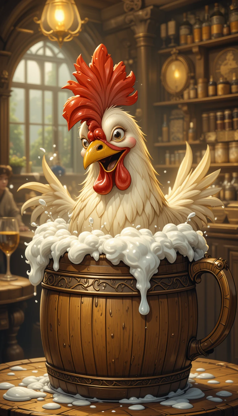 Cheerful cartoon chicken in a frothy pub barrel tankard