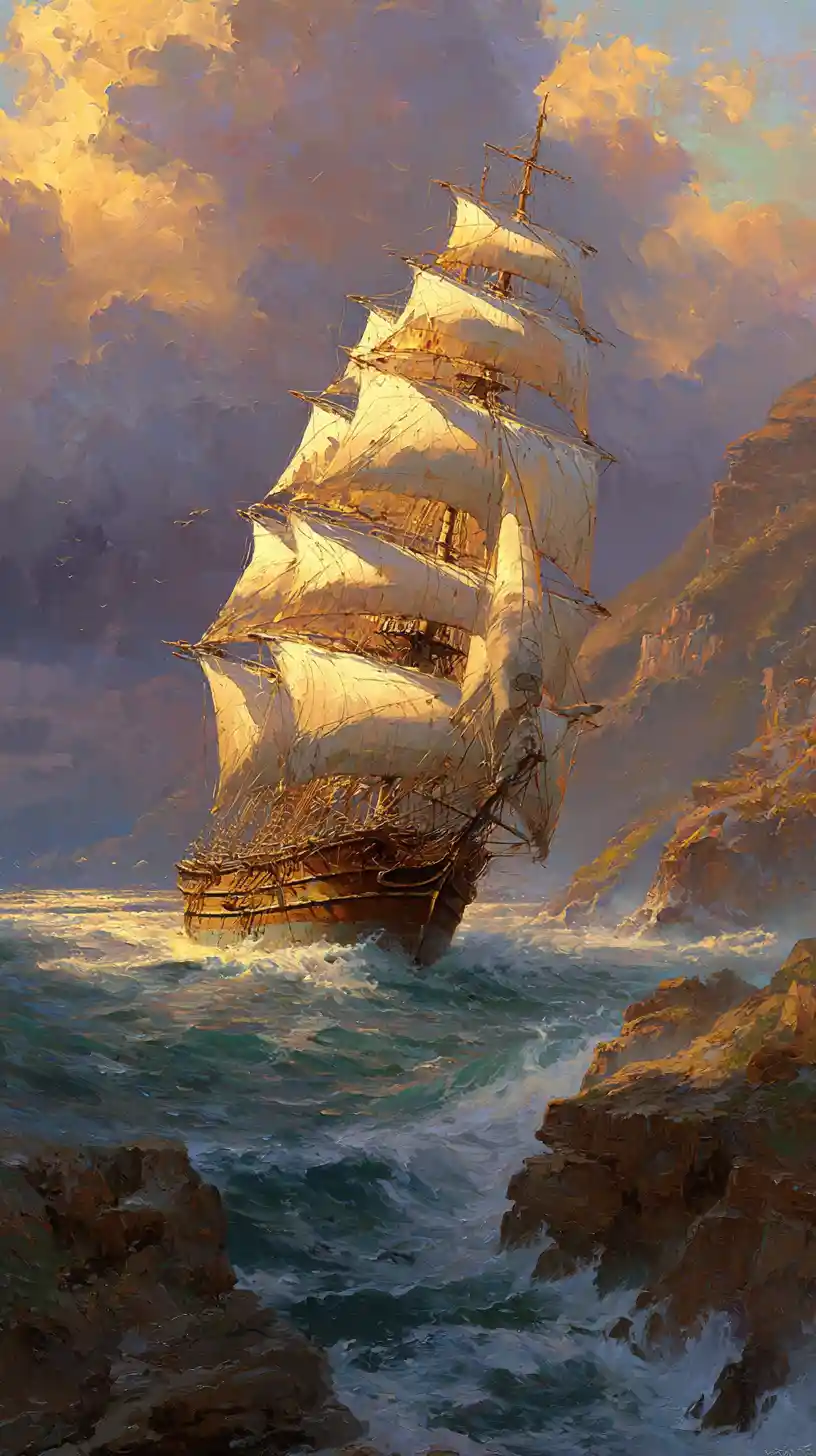 Majestic clipper ship battling waves off rocky Cape Point