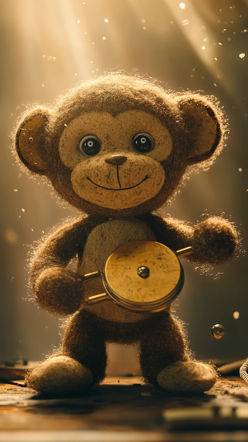 Scimmia di peluche vintage in una luce cinematografica polverosa