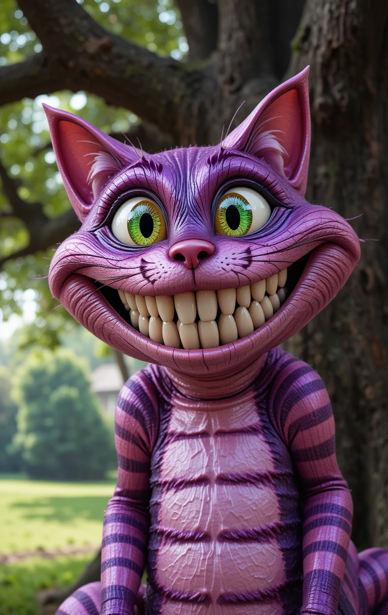 Metallic striped fantasy cat grinning beneath an oak tree