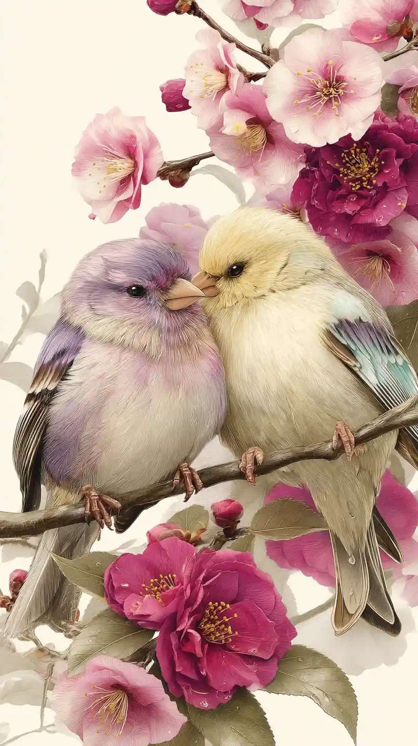Two songbirds on a flowering branch in soft morning light