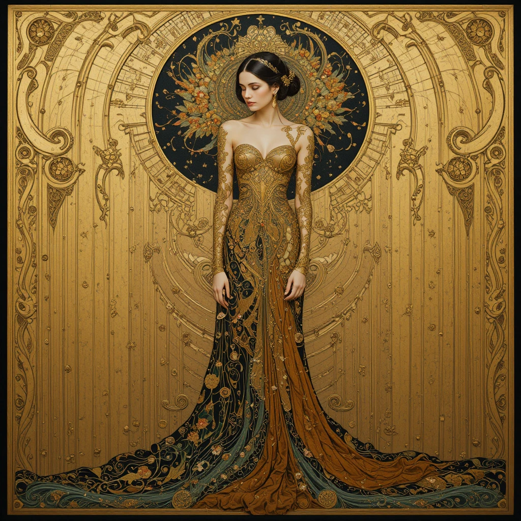 Mystical art nouveau realm woven with forgotten golden secrets