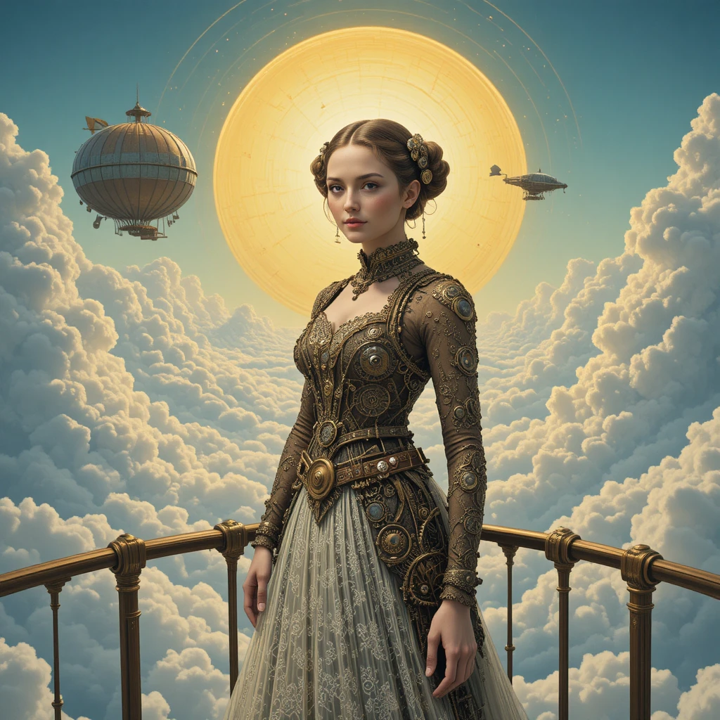 Clockwork steampunk woman standing on the deck of an airship