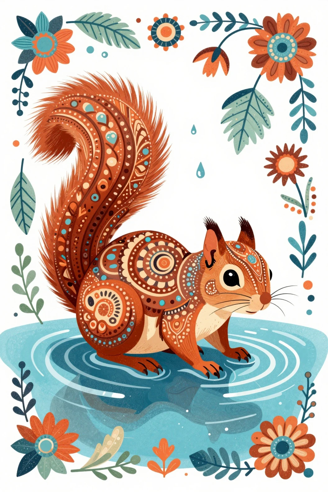 Ornate folk art squirrel with mandala patterns in turquoise water