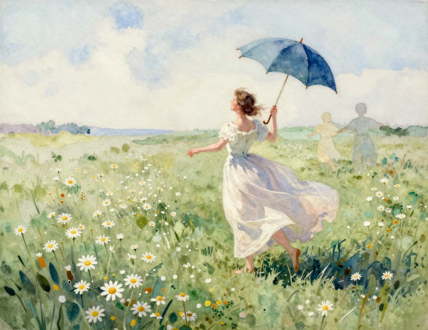 Young woman twirling in a daisy meadow with blue parasol