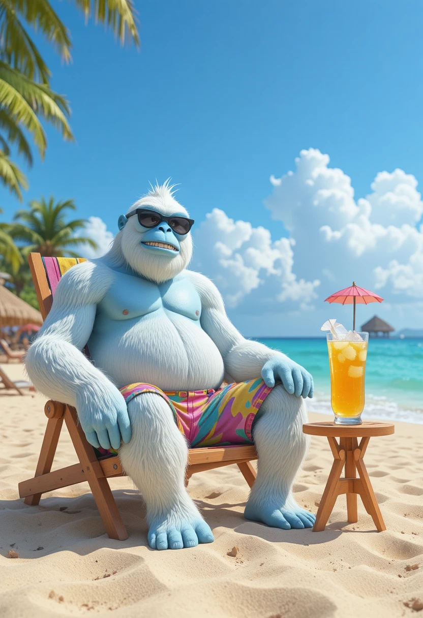 Giant yeti sunbathing on a sunny tropical beach