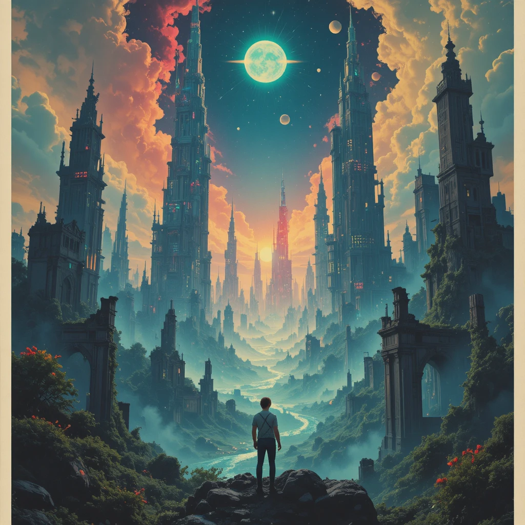 Surreal Bioluminescent City With Solitary Figure At Dusk
