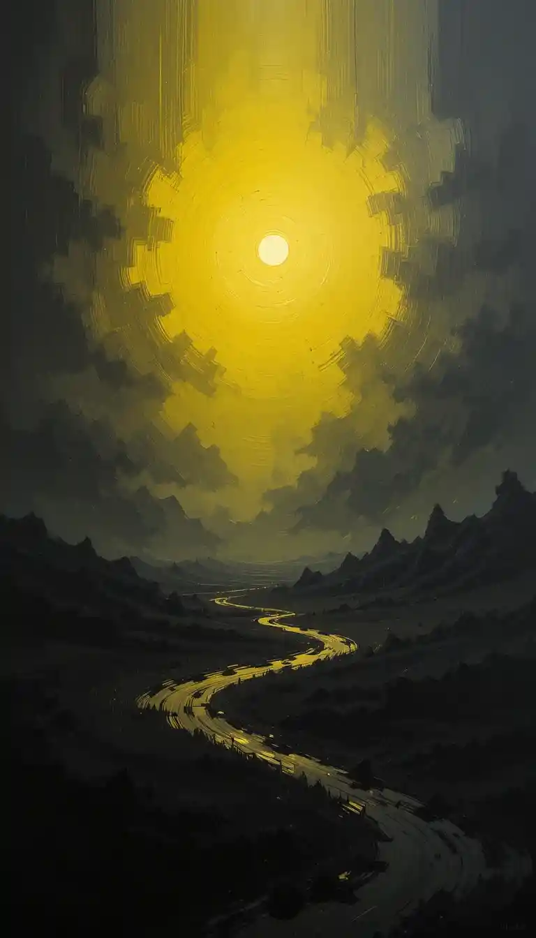 Minimal yellow boat on dark abstract night water