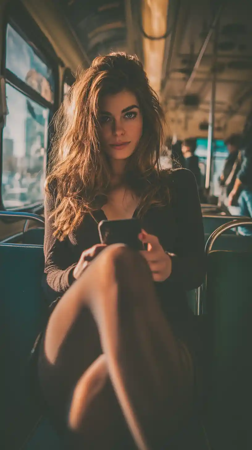 Woman on a morning bus using her smartphone in sunlight