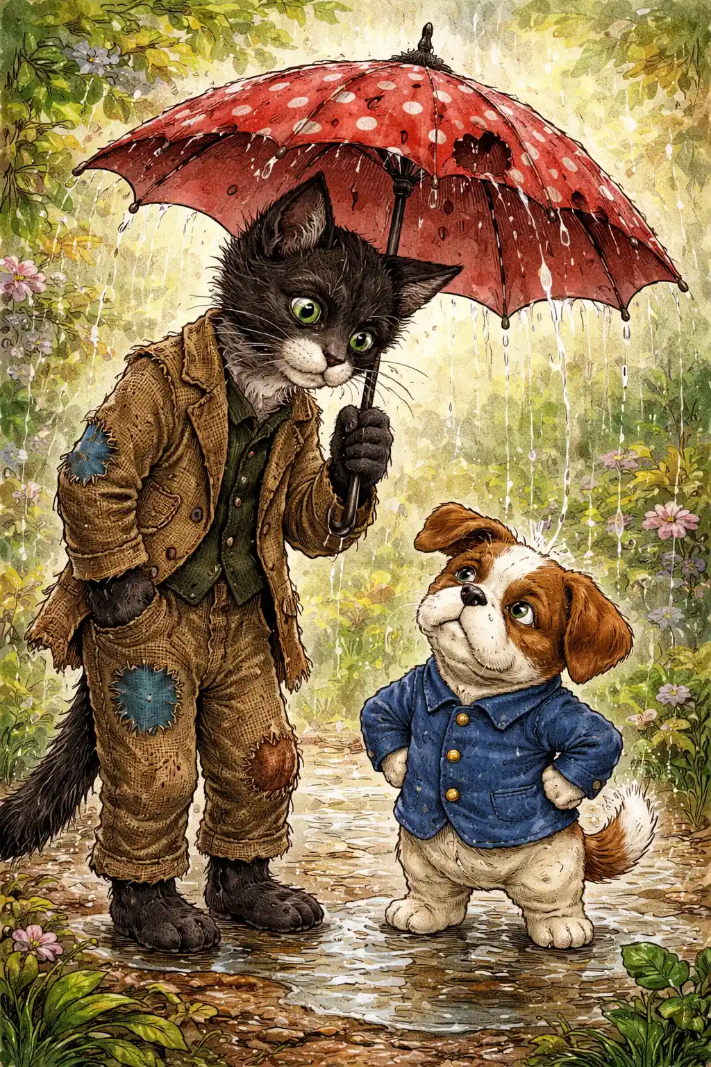 Kind black cat shielding a puppy with a red umbrella