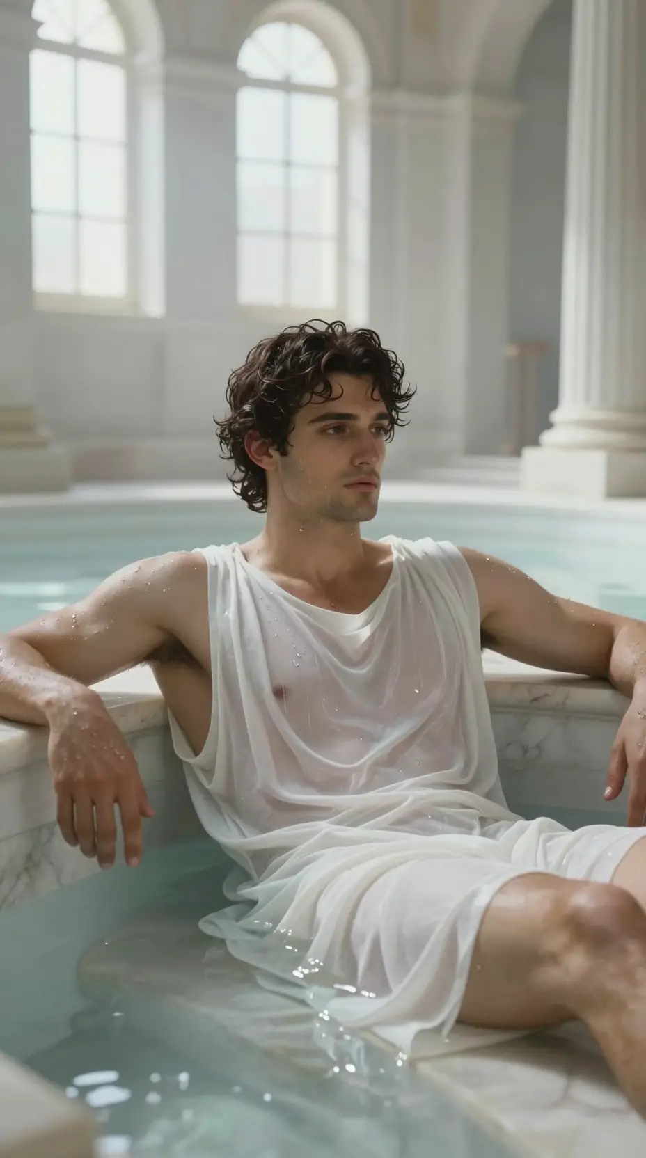 Handsome Man Resting In A Grand Marble Roman Bathhouse