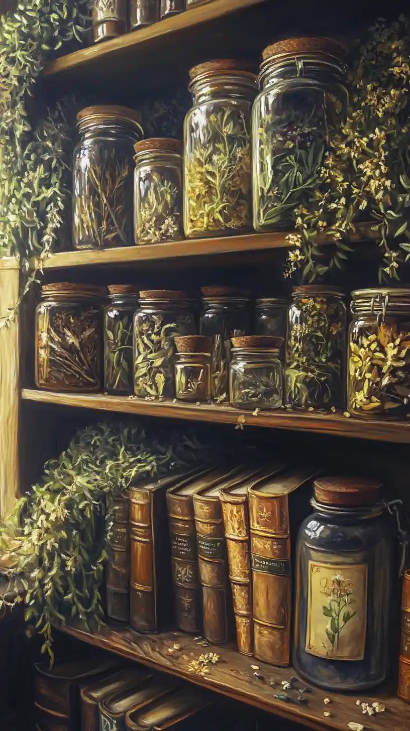 Cozy Herbal Library Shelf With Books And Dried Plant Jars
