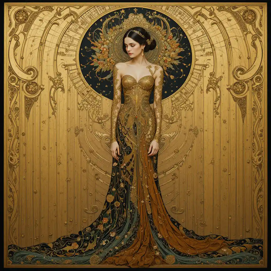 Mystical art nouveau realm woven with forgotten golden secrets