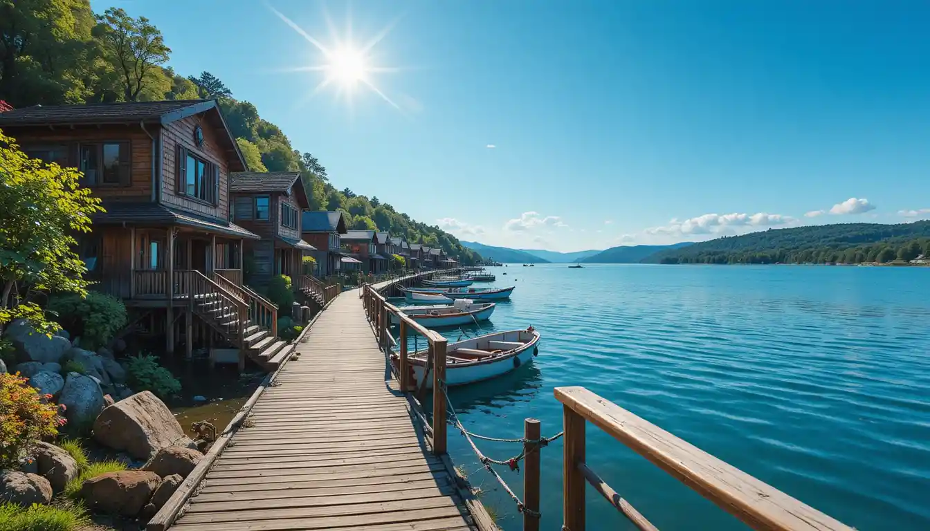 Rustic wooden pier on a tranquil blue summer lake