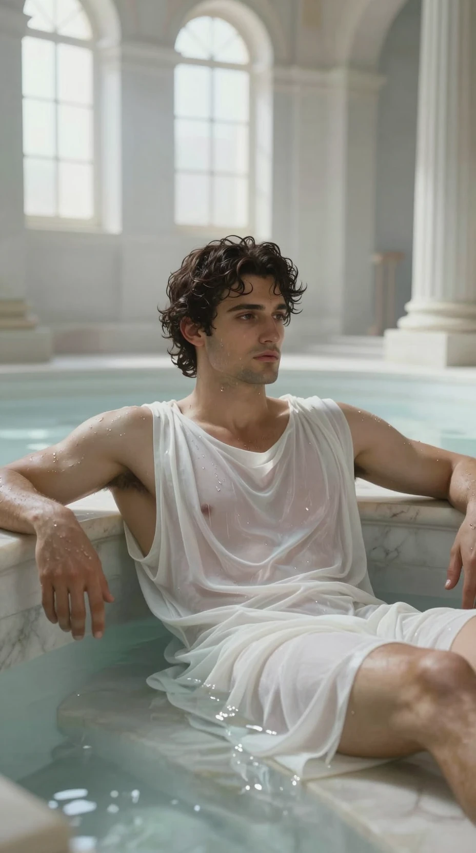 Handsome Man Resting In A Grand Marble Roman Bathhouse