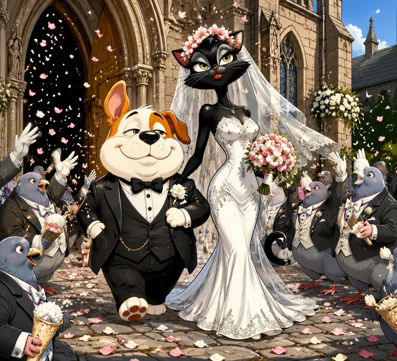 Cartoon dog and cat newlyweds leaving gothic cathedral