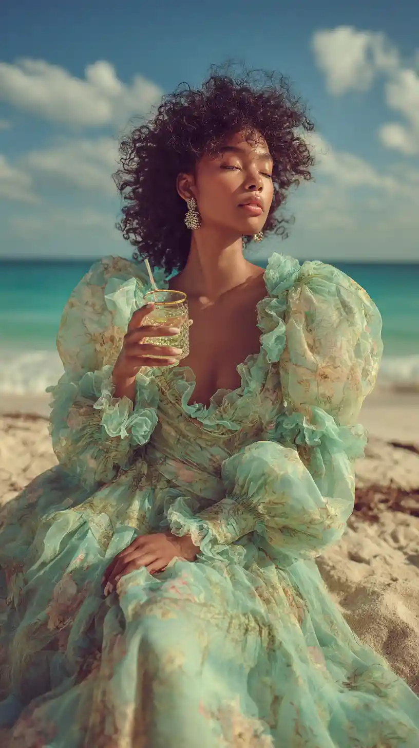 Elegant woman in floral organza dress by the ocean