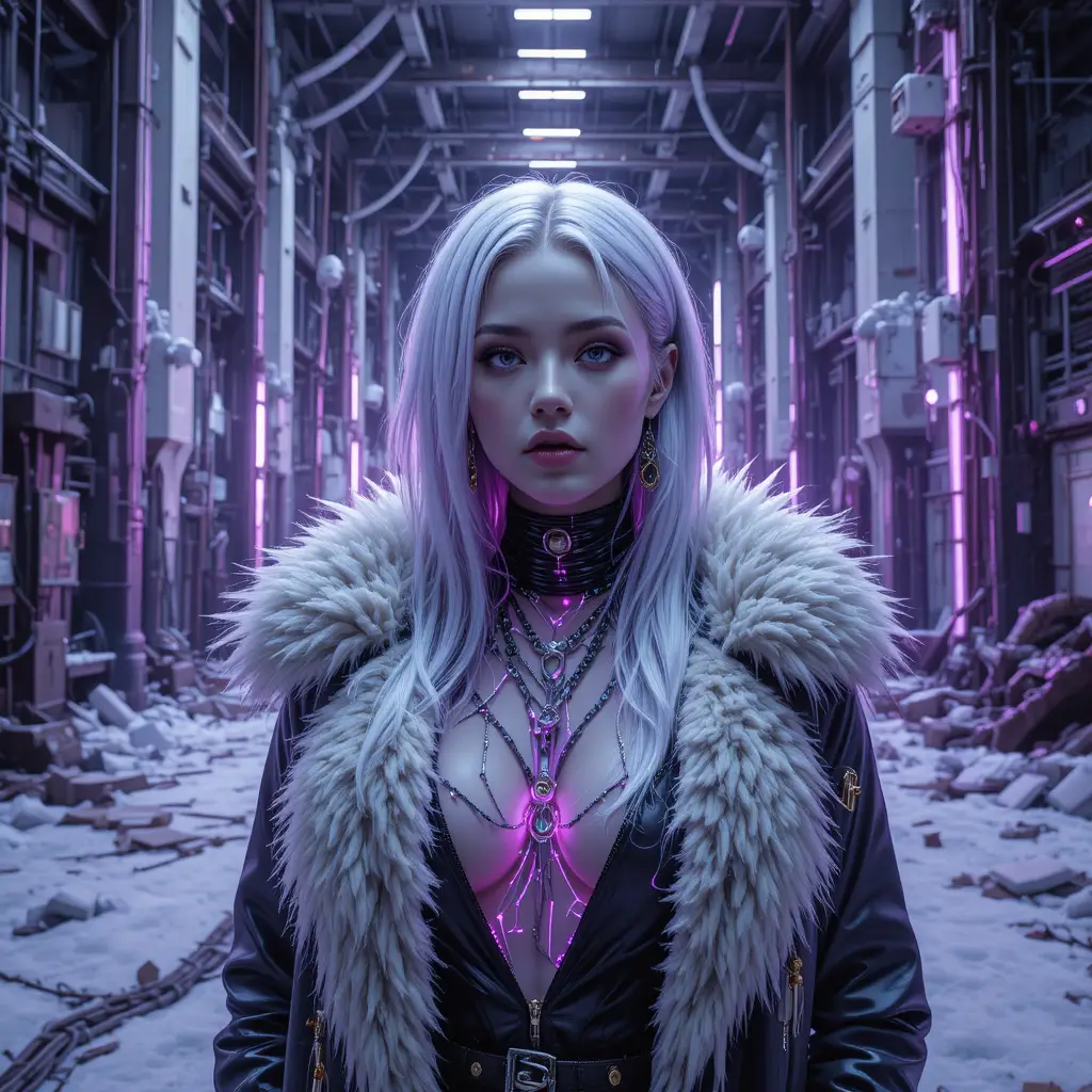 Surreal cyberpunk woman in a frozen industrial cathedral