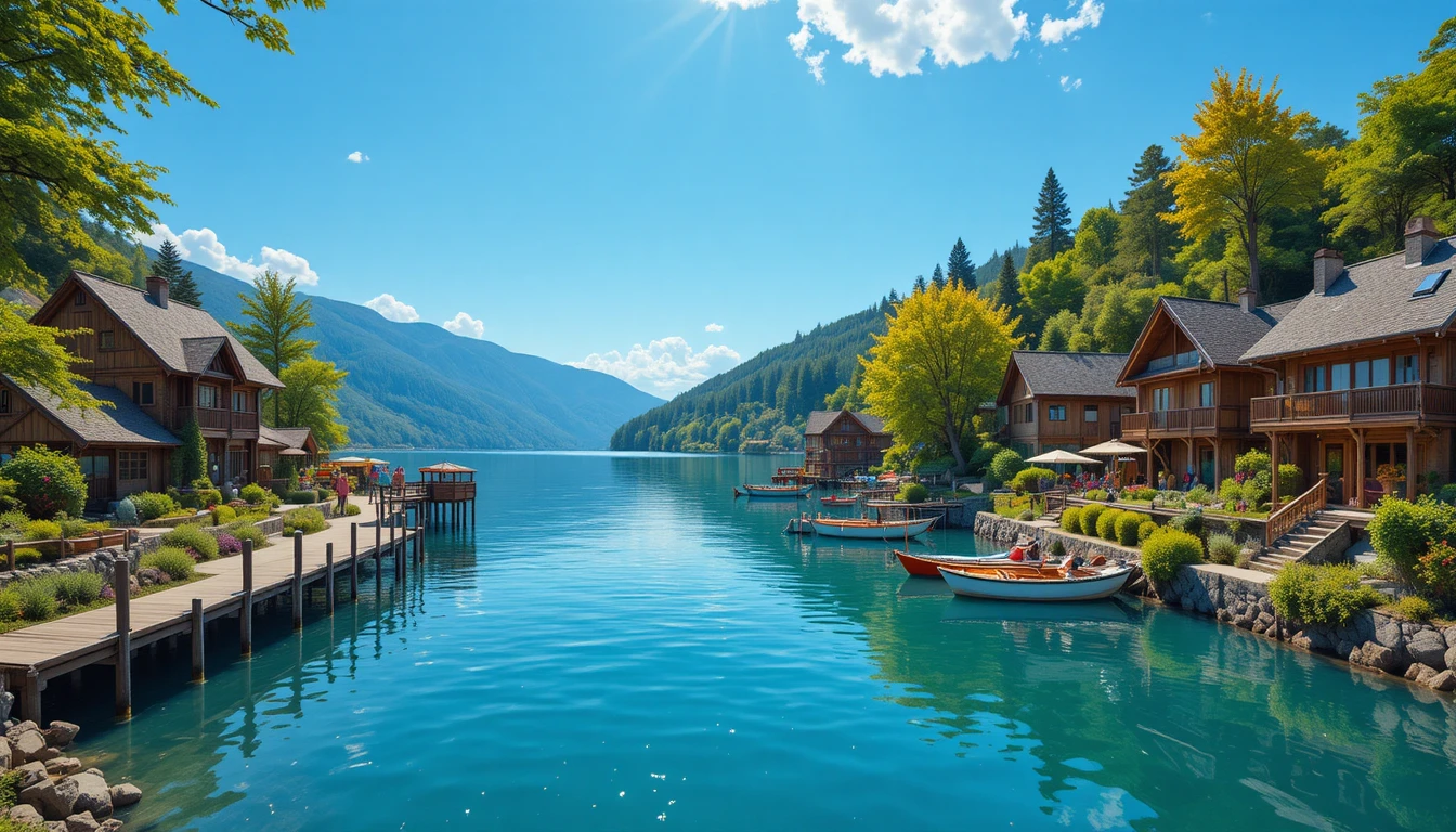 Rustic wooden pier on a tranquil lakeside village