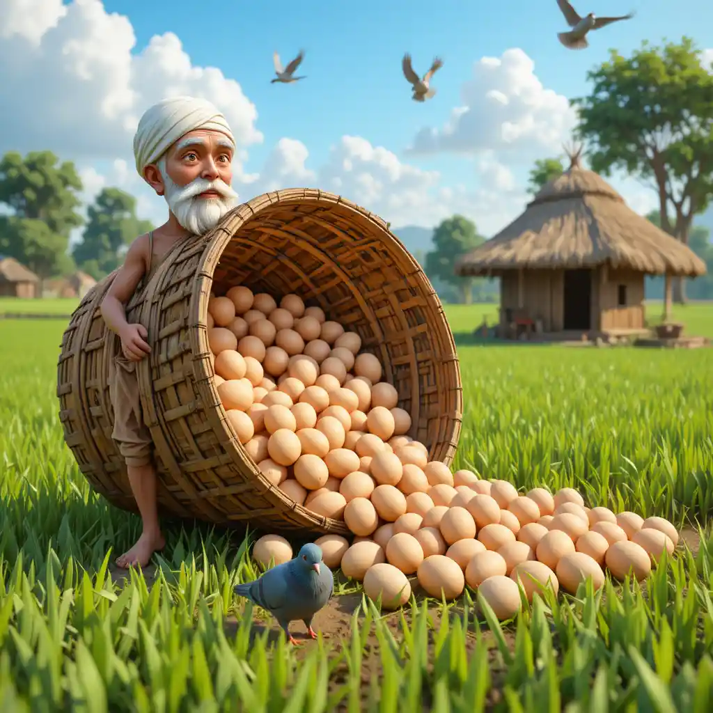 Old farmer in 3d style standing in a green rice field