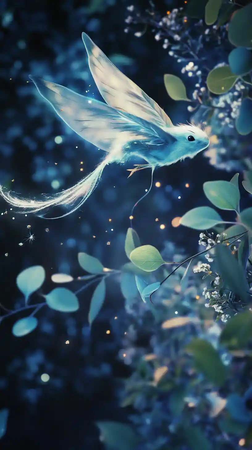 Feather tailed glider drifting through moonlit forest air