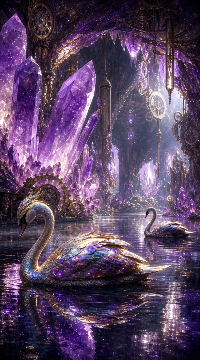 Swans Gliding On A Crystal Lake In A Vast Cavern