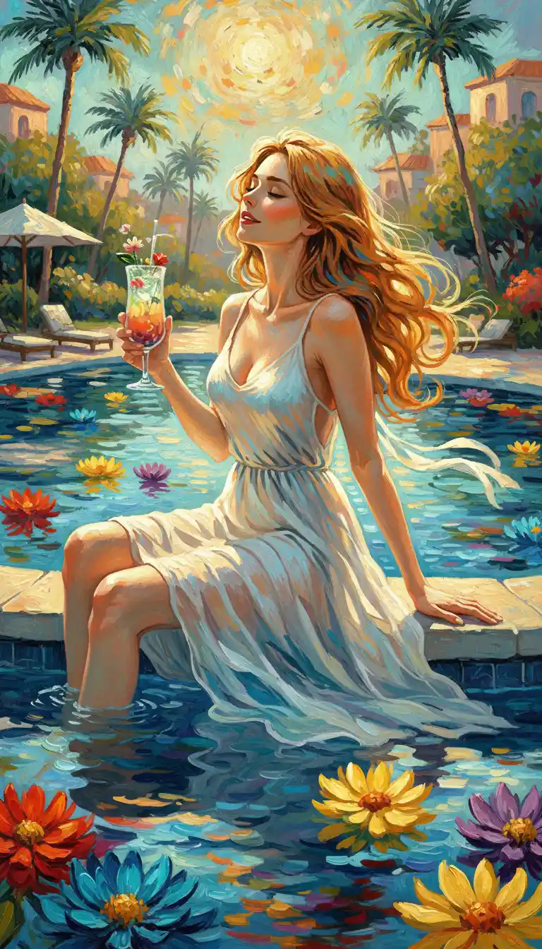 Young woman relaxing by a flower filled summer pool