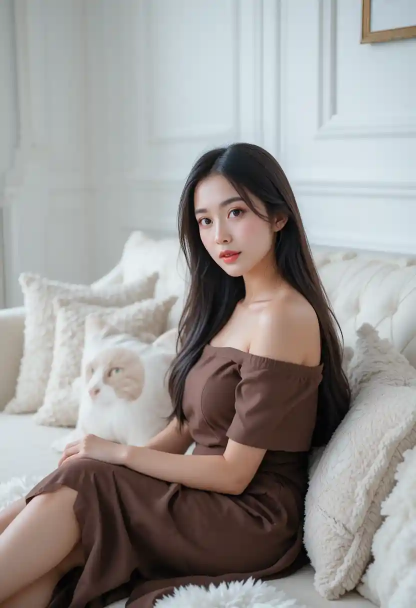 Young woman reclining on white couch in soft light