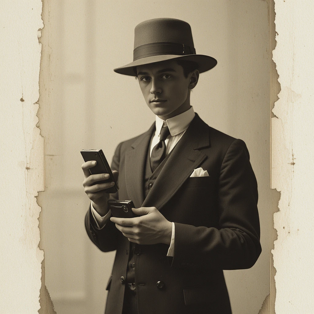 Vintage 1920s street scene with a contrasting modern device