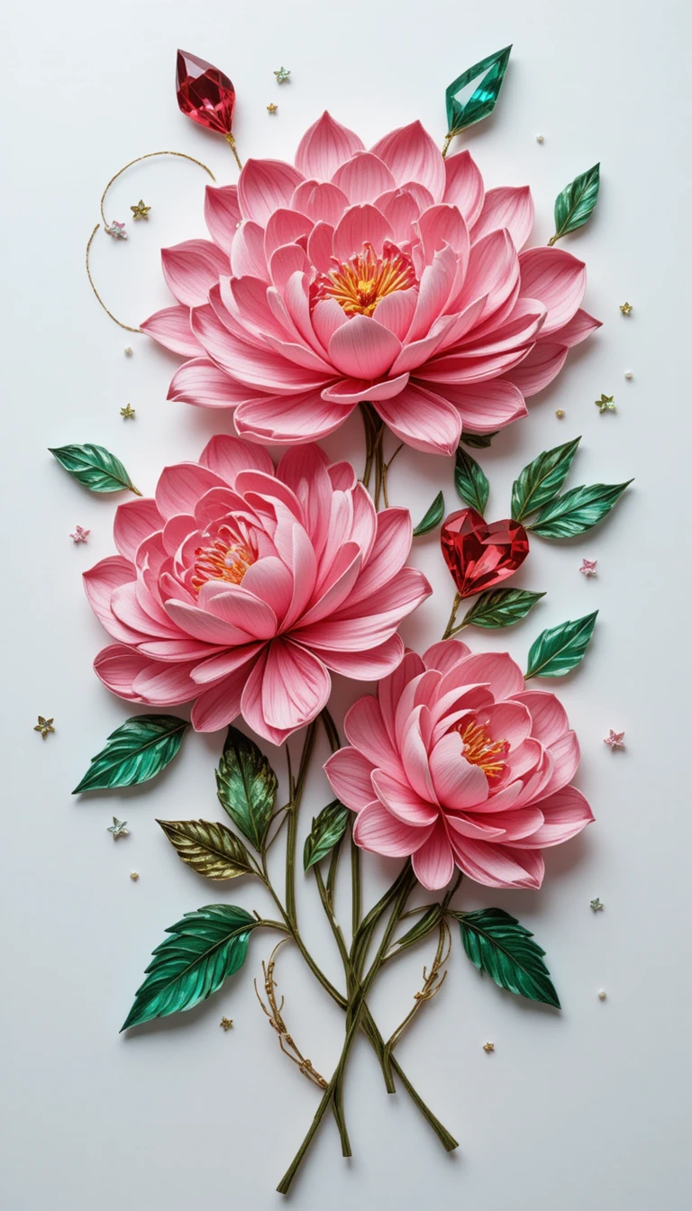 Paper quilling peonies with crystals on white background