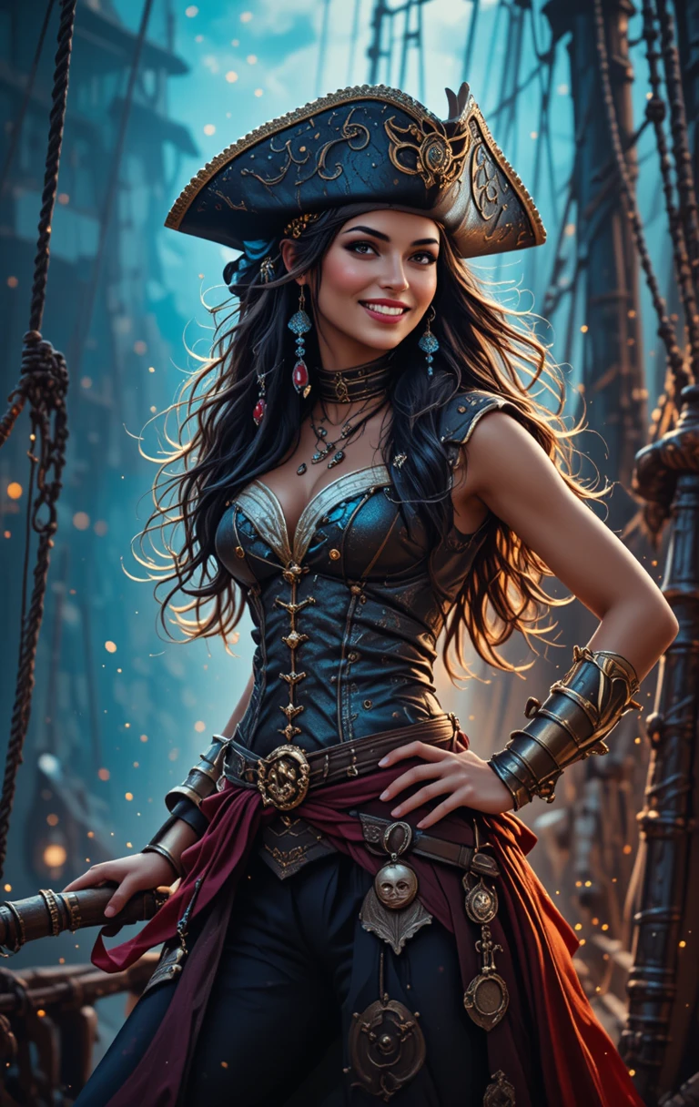 Smiling woman pirate posing confidently on her ship deck