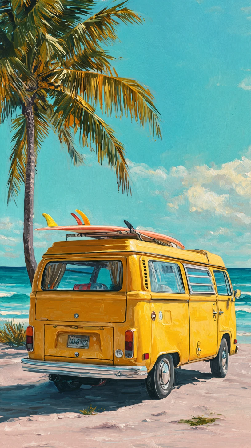Yellow van with surfboards on a tranquil beach at sunset