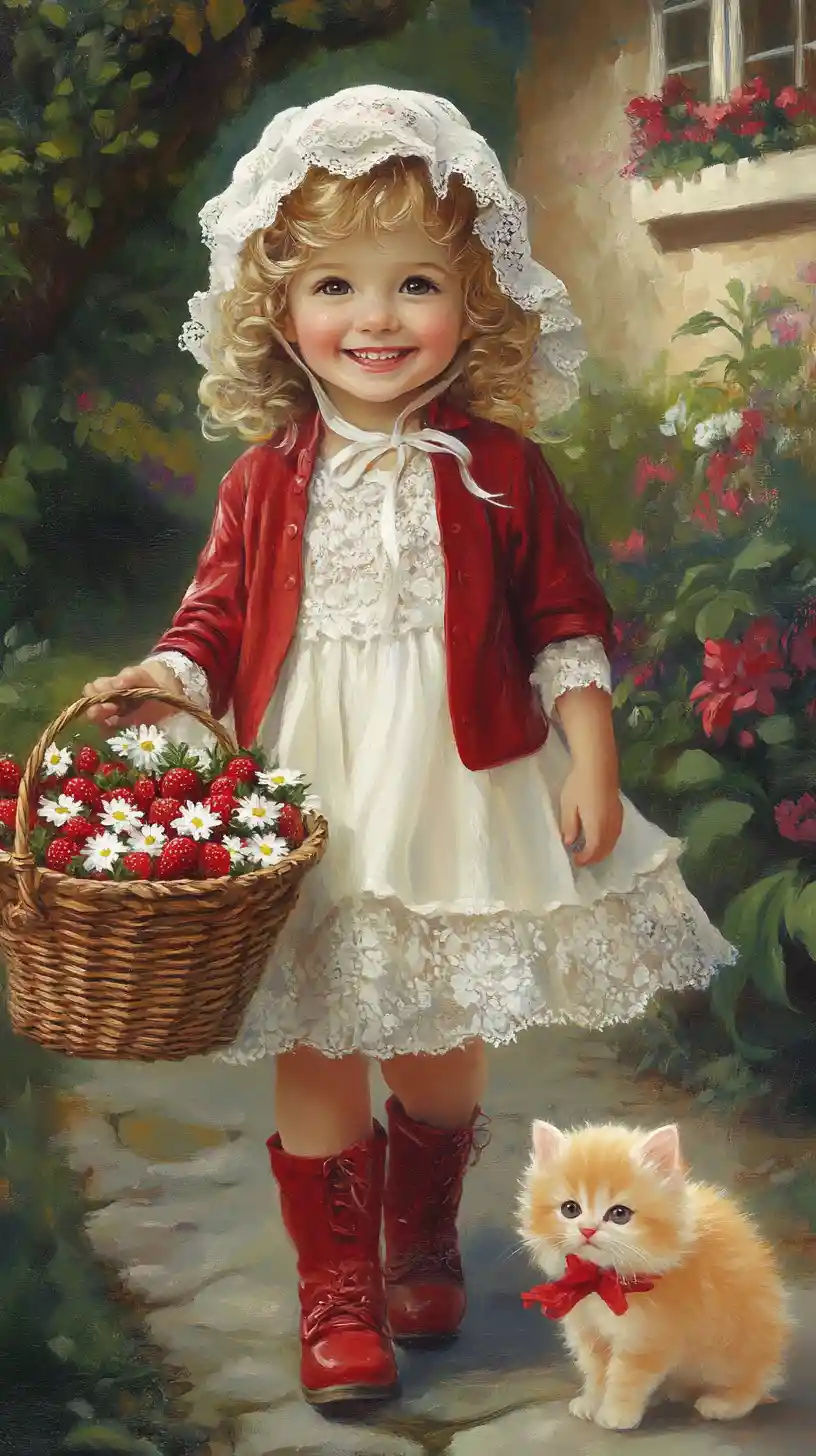 Smiling girl with basket of strawberries in a garden