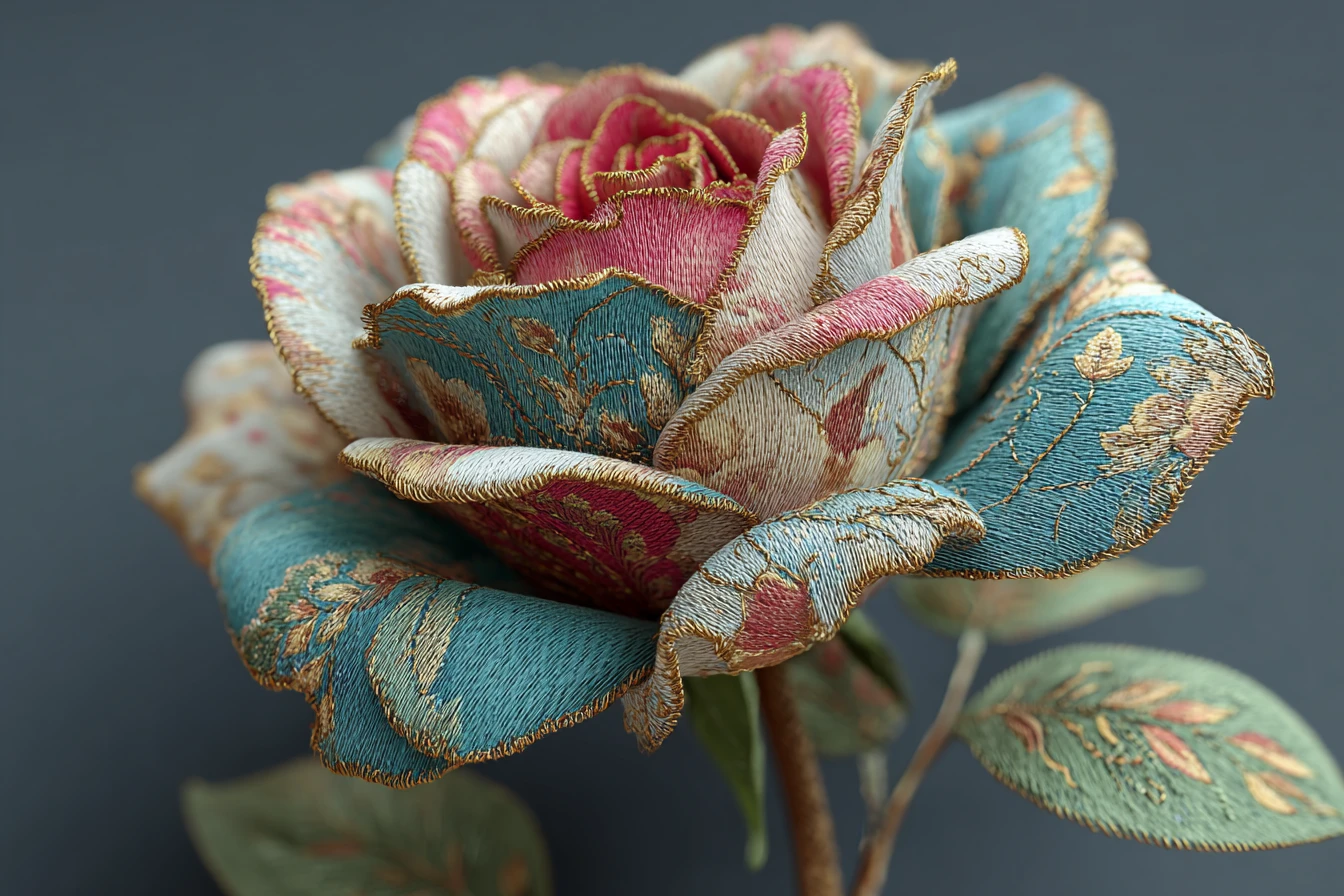 Intricate multicolored rose with ornate patterned petals